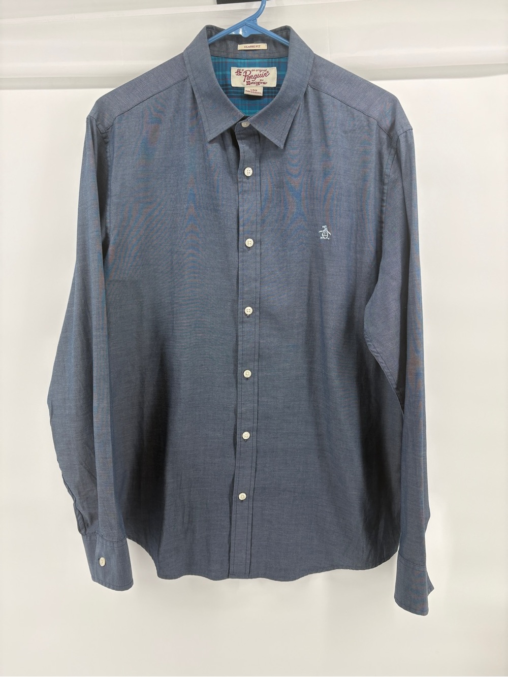 Original Penguin Munsingwear Mens L Classic Fit Blue Button Up Shirt Logo